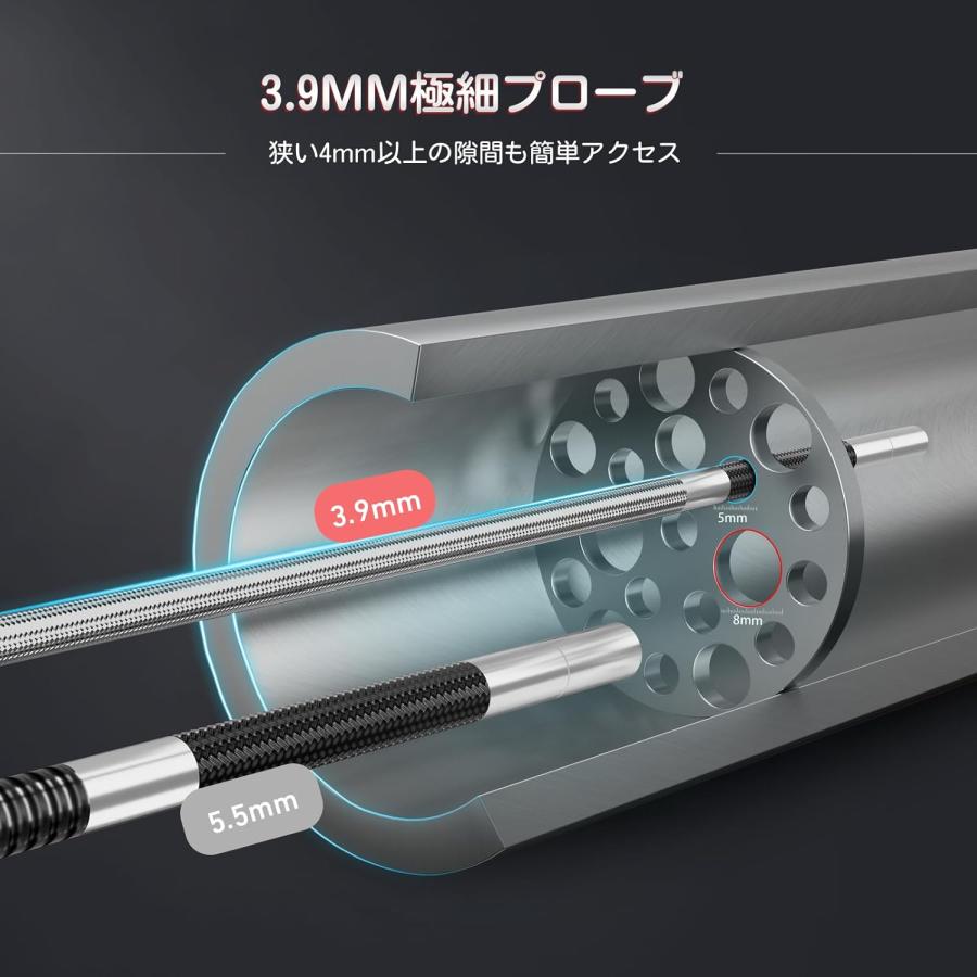 ファイバースコープ 先端可動式 工業用内視鏡カメラ5インチIPSスクリーンモニター搭載 検査カメラ 3.9MM超薄型レンズ IP67防水 配管カメラ 1.5Mケーブルの画像