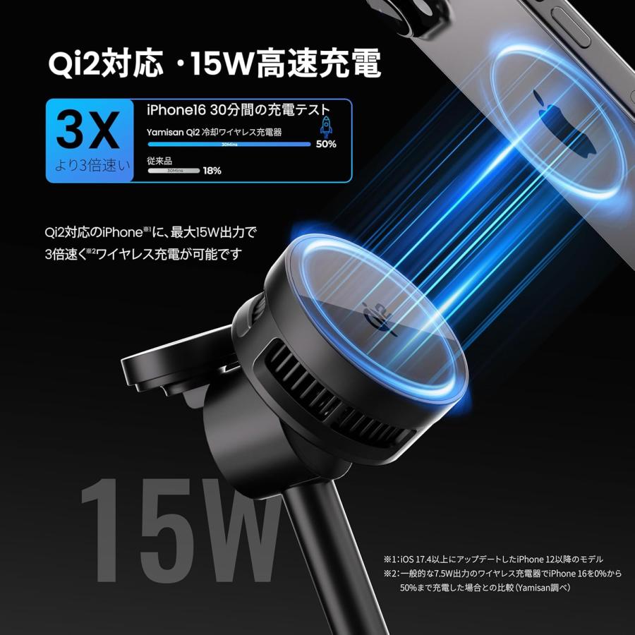 Qi2認証 冷却ファン搭載 magsafe充電器 マグネット式 3-in-1 ワイヤレス充電器 15W急速充電 スマホ 冷却 マグセーフ充電器 ワイヤレス充電ステーション_3