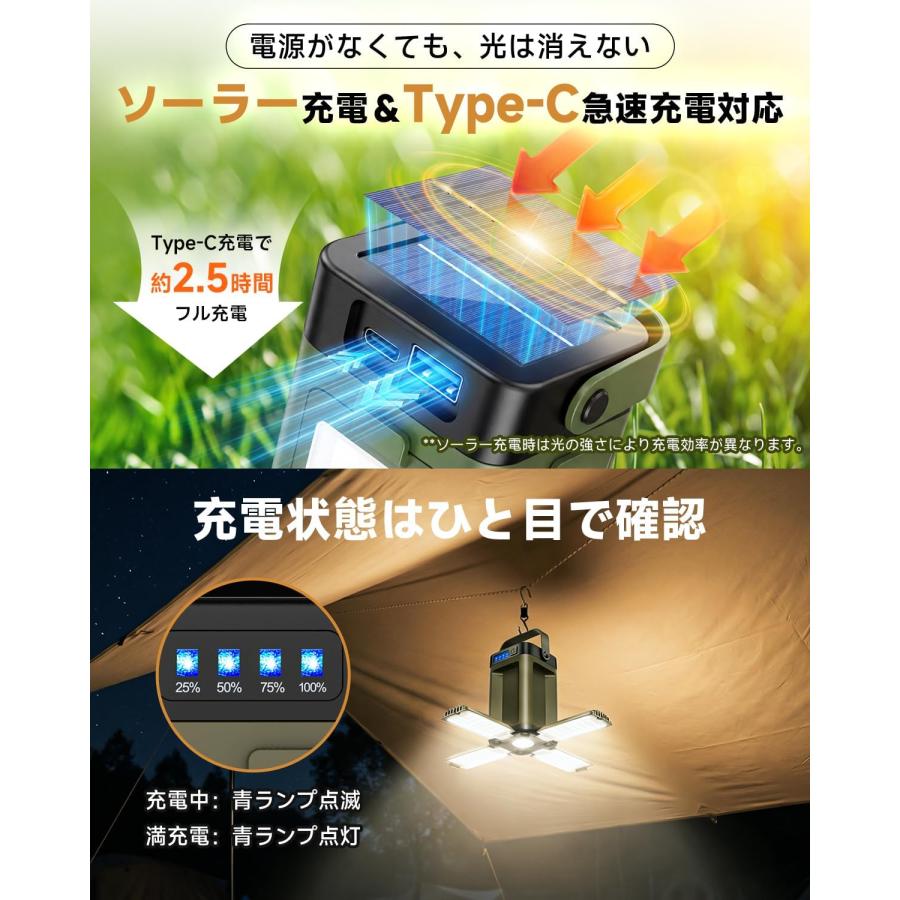 LED ランタン 充電式 2400ルーメン ソーラー&USB充電式 超高輝度 5面