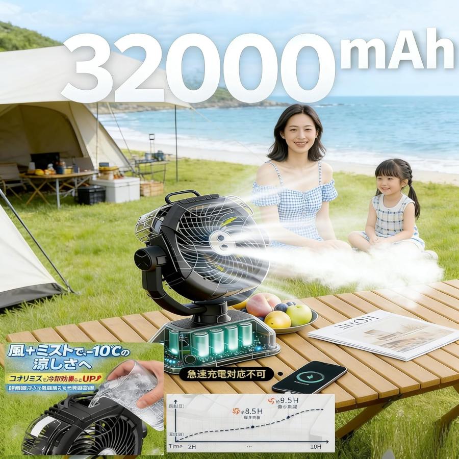 充電式扇風機/32000mAh 強力キャンプ扇風機 極冷ミストファン -16℃瞬間 