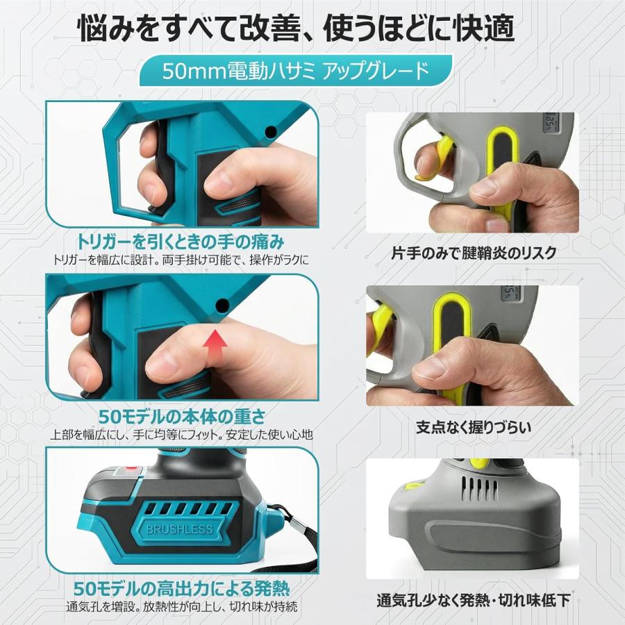 電動バサミ 50mm電動剪定ばさみ 18V強いパワー コードレス充電式剪定バサミ 3段階開き角度調節可 マキタ使える4000mAh*2個大容量バッテリー付きの画像