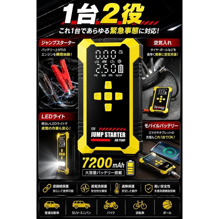 ジャンプスターター 空気入れ付き 7200mAh 12V車用 エアコンプレッサー