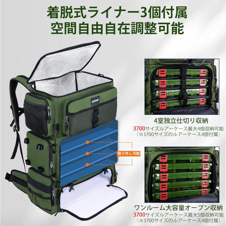 フィッシングリュック 釣りバッグ 72L大容量 3層収納 保冷機能 濡れた装備の収納対応 600Dオックスフォード 撥水加工 レインカバー付き タックル収納 グリーン_3