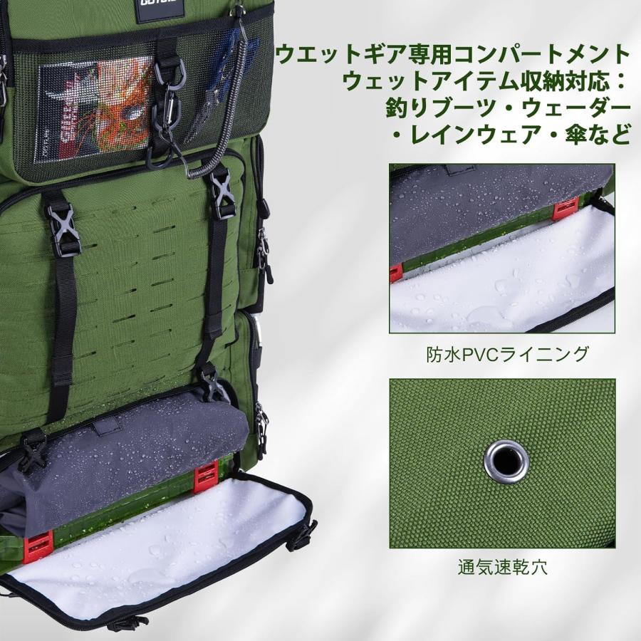 フィッシングリュック 釣りバッグ 72L大容量 3層収納 保冷機能 濡れた装備の収納対応 600Dオックスフォード 撥水加工 レインカバー付き タックル収納 グリーン_4