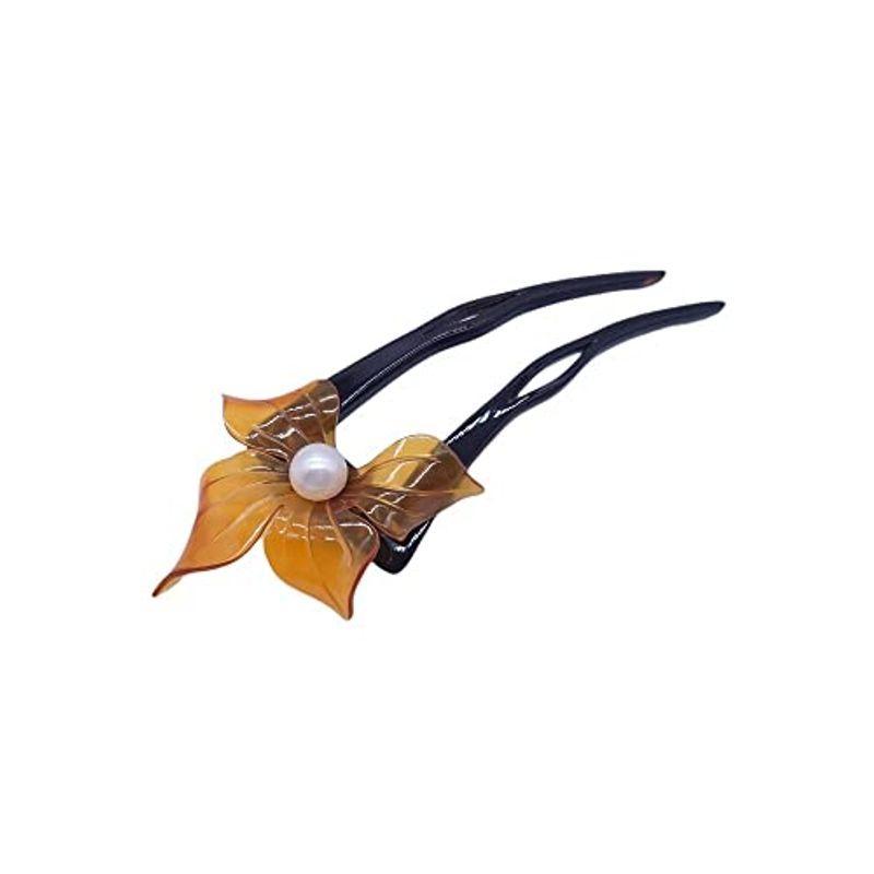 天然工房 べっこう屋さん 本べっ甲 ピン かんざし アシンメトリー 白甲 花 デザイン 淡水 パール 付き 和装 髪飾り (結婚式 留袖 訪