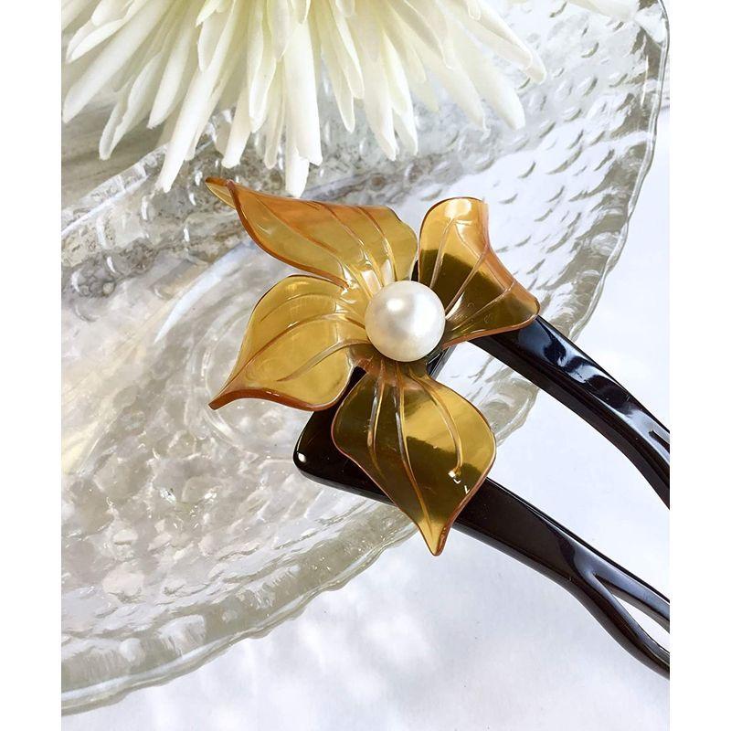 最新 天然工房 べっこう屋さん 本べっ甲 ピン かんざし アシンメトリー 白甲 花 デザイン 淡水 パール 付き 和装 髪飾り (結婚式 留袖 訪 【YWU1043611665】(37334円)