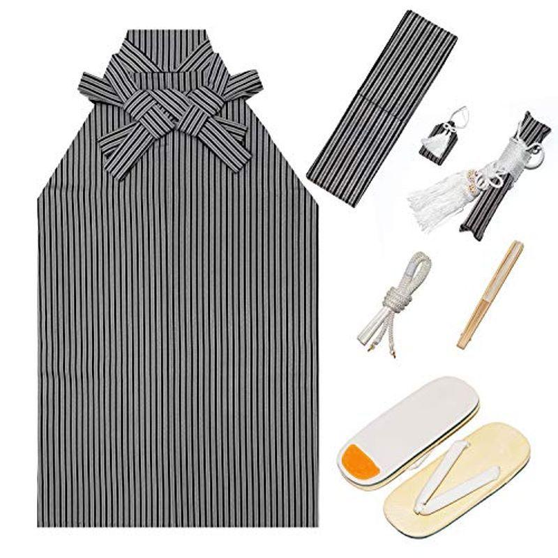 キョウエツ 袴小物セット 七五三用 5歳用 7点セット(袴、角帯、懐剣、雪駄、羽織紐、お守り、白扇子) ボーイズ (袴 紐下60cm, 縞黒