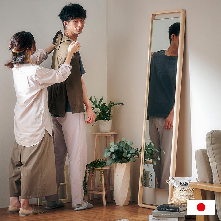 日本製 国産ひのき材フレーム 姿見 薄型 鏡 全身鏡 スタンドタイプ