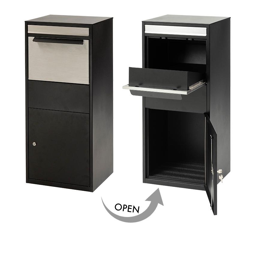 ポスト付き 置き型 一戸建て用 防水 スタンド 宅配ボックス 棚付き 郵便ポスト 郵便受け カギ付き 玄関 おしゃれ 2色対応 デリバリーボックス PST-216SV | 東谷 | 08