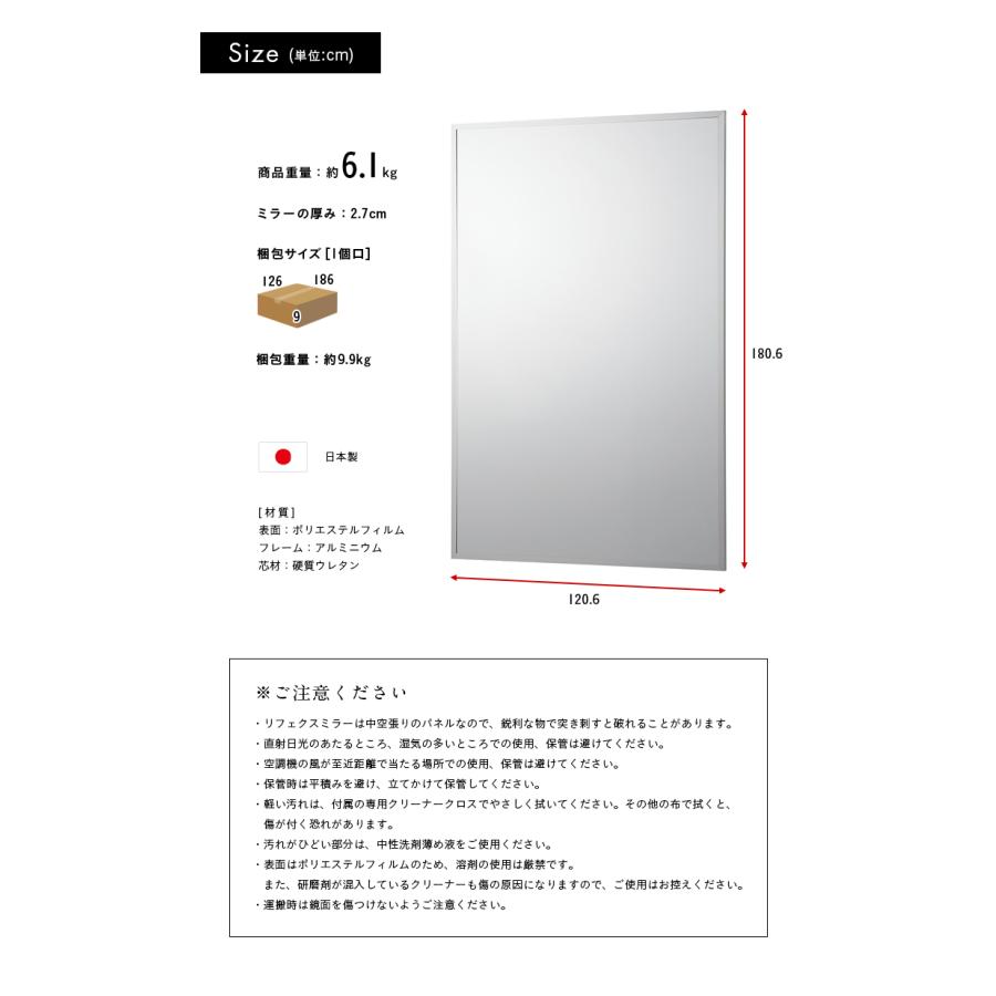 日本製 軽量 割れないミラー 割れない鏡 姿見 全身鏡 壁掛け ウォールミラー リフェクスミラー リフェクススポーツミラー 壁掛式 W120xH180cm
