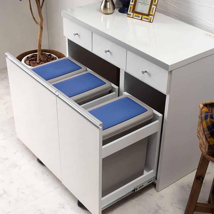 【4/22までの出品】木製引き出しキッチンカウンターゴミ箱3個付き２口コンセント 日本製 完成品 ペール3個付き キッチン収納 幅90cm キッチンカウンター