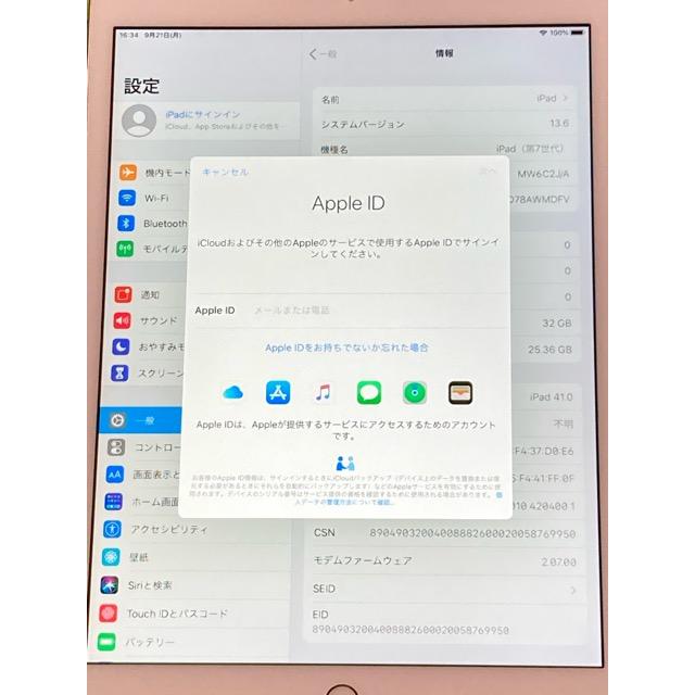 iPad au 第7世代 Wi-Fi + Cellular 32GB シルバー MW6C2J/A A2198 動作