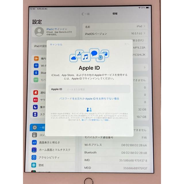 SIMフリー Apple iPad 【第5世代】 Wi-Fi +Cellular ドコモ 32GB シルバー MP1L2J/A バッテリー96％★ A6637 | iPad | 09