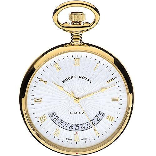 【高価値】 カレンダーオープンフェイスクォーツムーブメントとゴールドメッキ懐中時計 - アルバートチェーン 並行輸入品 懐中時計