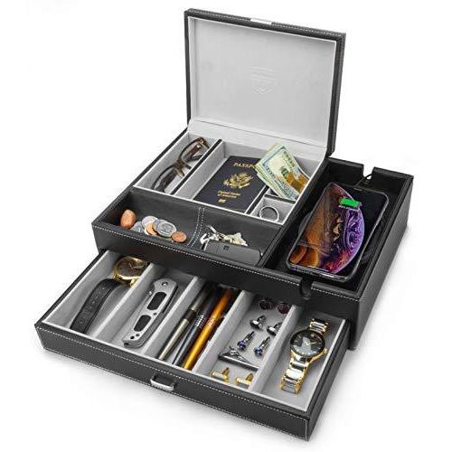 (Grey) - HoundsBay Big Dresser Valet Box & Mens Jewellery Box Organiser wit 並行輸入品