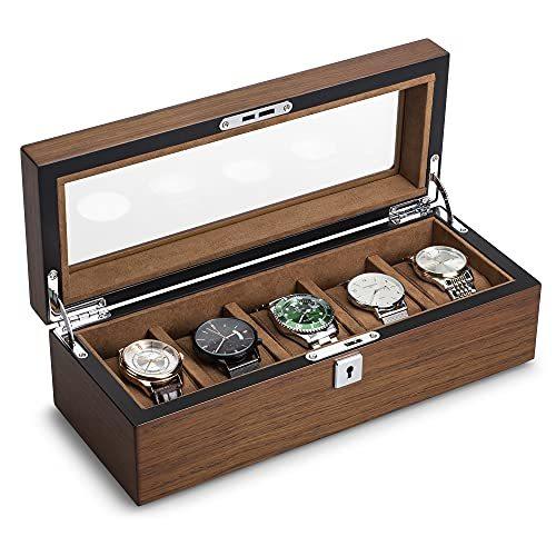 NoRi ソリッド木製時計ボックス メンズ腕時計ケース 5スロット 木製収納時計ケース オーガナイザー ガラスディスプレイ付き 優れた耐久性 並行輸入品