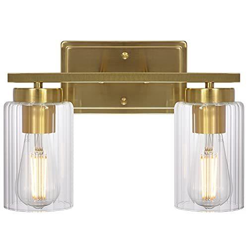 VINLUZ 2-Light Modern Wall Sconce Lighting Brushed Brass with Clear Ribbed 並行輸入品