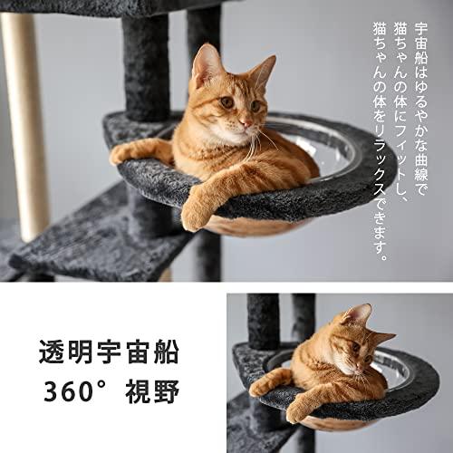 lifesia キャットタワー 猫タワー 据え置き 透明宇宙船 爪とぎ 猫ハウス ハンモック2つ付き 多頭飼い 頑丈耐久 大型猫 190cm 安定性 ダークグレー 283F 透明宇宙船 多頭飼い