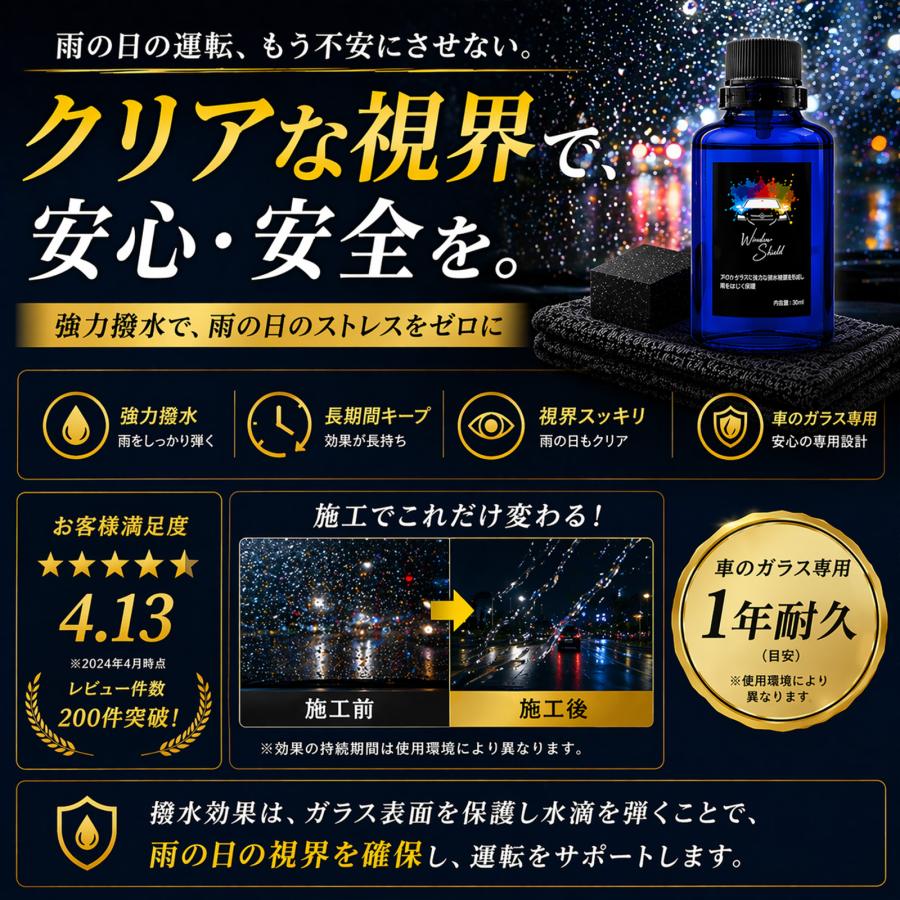 mocola ガラス撥水 ガラス撥水コーティング フロントガラス 撥水コート ガラス撥水剤 最強 超撥水 硬化型 1年耐久 車 ウィンドウコーティング 日本製 | SHIELD（Pit-Life） | 08
