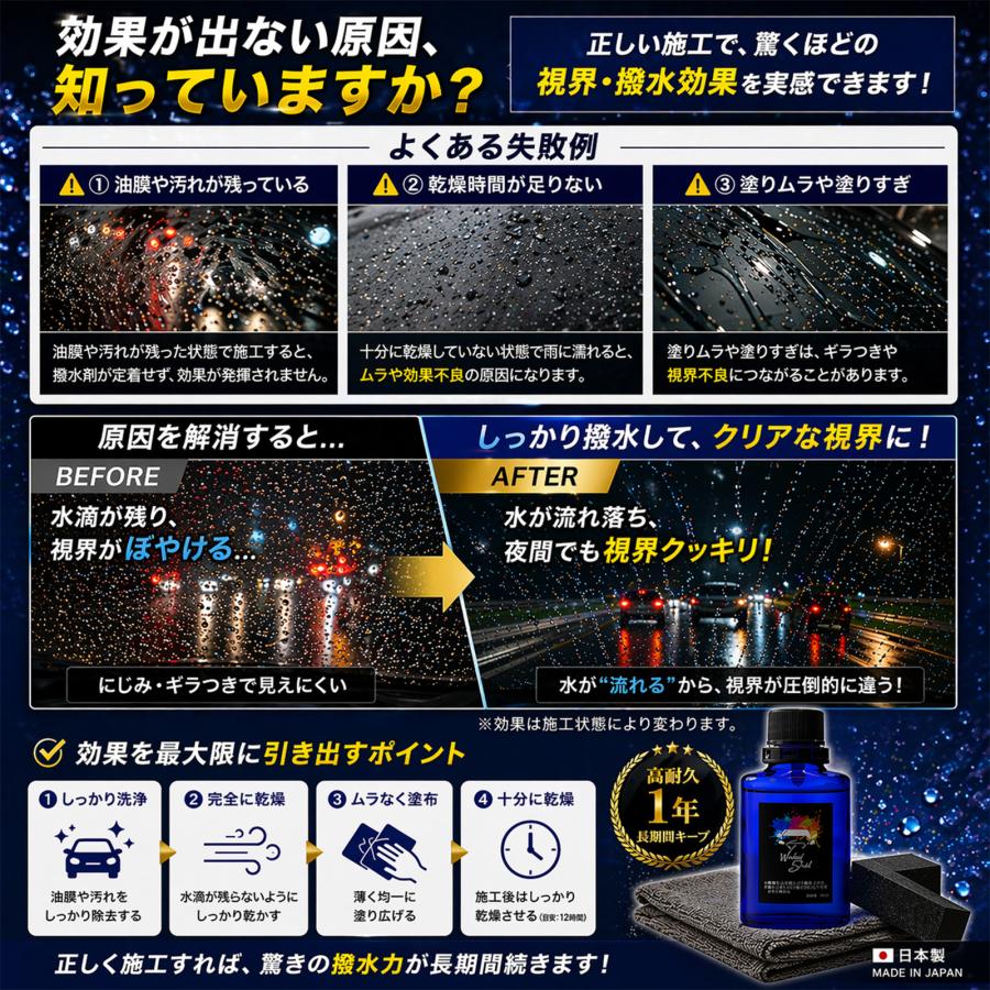 mocola フロントガラス撥水コーティング 車 ガラスコーティング 撥水剤 視界改善 雨対策 洗車用品 カー用品 夜間運転 豪雨対策 油膜除去 ノーワイパー 曇り止め | SHIELD（Pit-Life） | 06