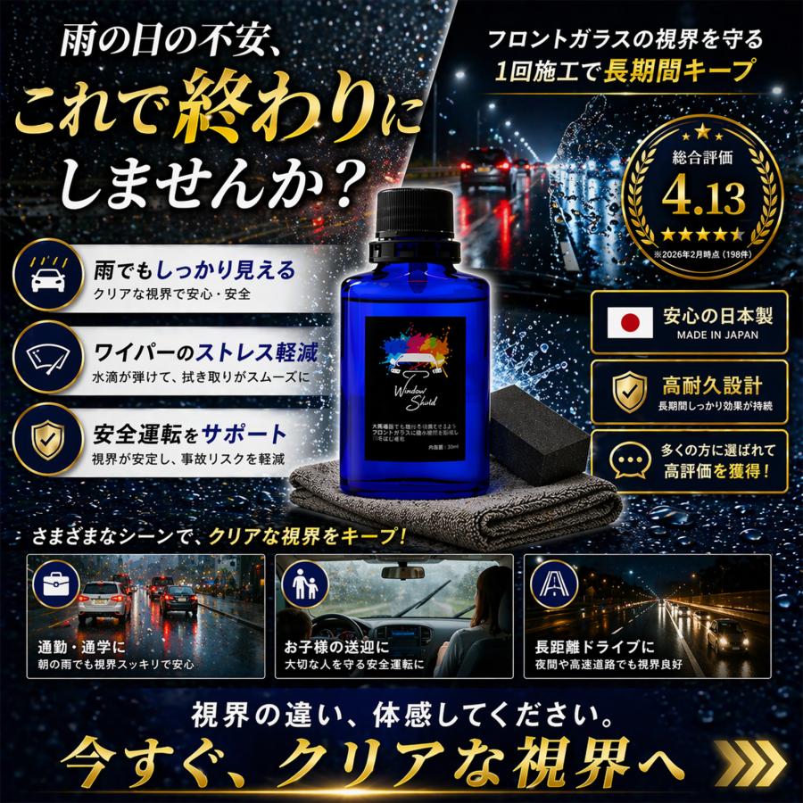 mocola フロントガラス撥水コーティング 車 ガラスコーティング 撥水剤 視界改善 雨対策 洗車用品 カー用品 夜間運転 豪雨対策 油膜除去 ノーワイパー 曇り止め | SHIELD（Pit-Life） | 08
