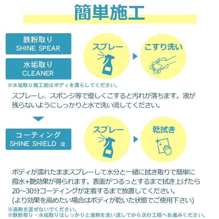 車 洗車 コーティング 鉄粉取り 水垢クリーナー シャインシールドα 200m 3本セット | 超撥水 コーティング剤 最強 撥水スプレー 撥水コート 撥水コーティング｜mocola｜11