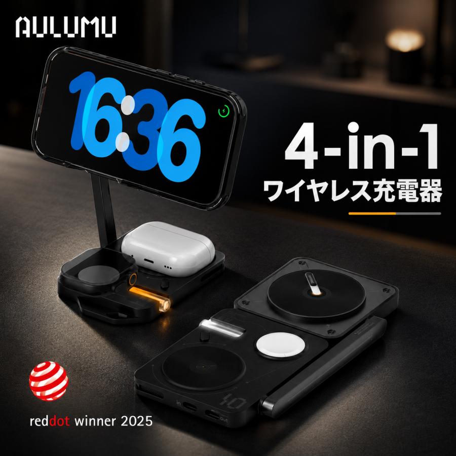 Aulumu M01 4in1 ワイヤレス充電器 MagSafe対応 充電スタンド iPhone AppleWatch AirPods 同時充電 最大35W 急速充電 折りたたみ マグセーフ レビュー100日保証 | 