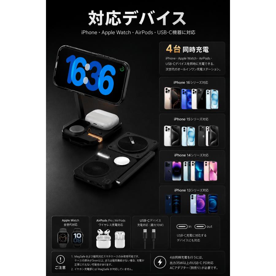 Aulumu M01 4in1 ワイヤレス充電器 MagSafe対応 充電スタンド iPhone AppleWatch AirPods 同時充電 最大35W 急速充電 折りたたみ マグセーフ レビュー100日保証 |  | 05