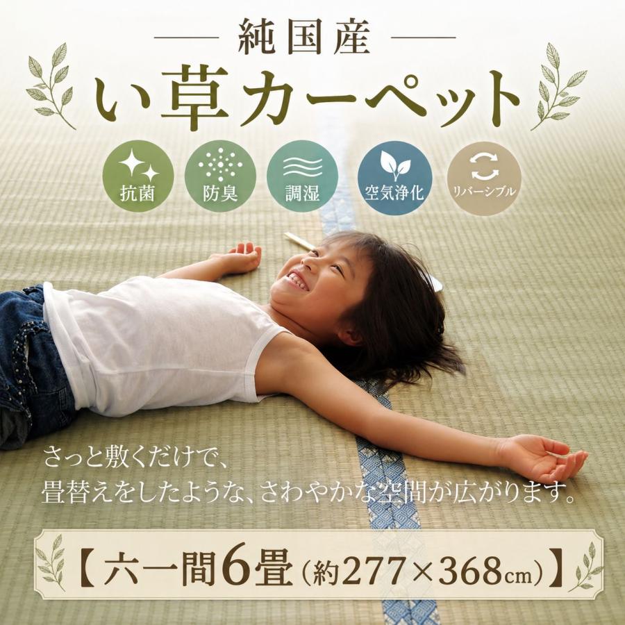 日本製い草100％使用カーペット 丈夫で長く使える リバーシブル 抗菌防臭【六一間6畳（約277×368cm）】 | 