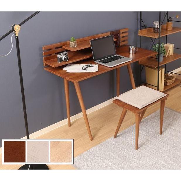 レザー小物収納付PCデスク2点セット 天然木 【デスク＋スツール】 可動