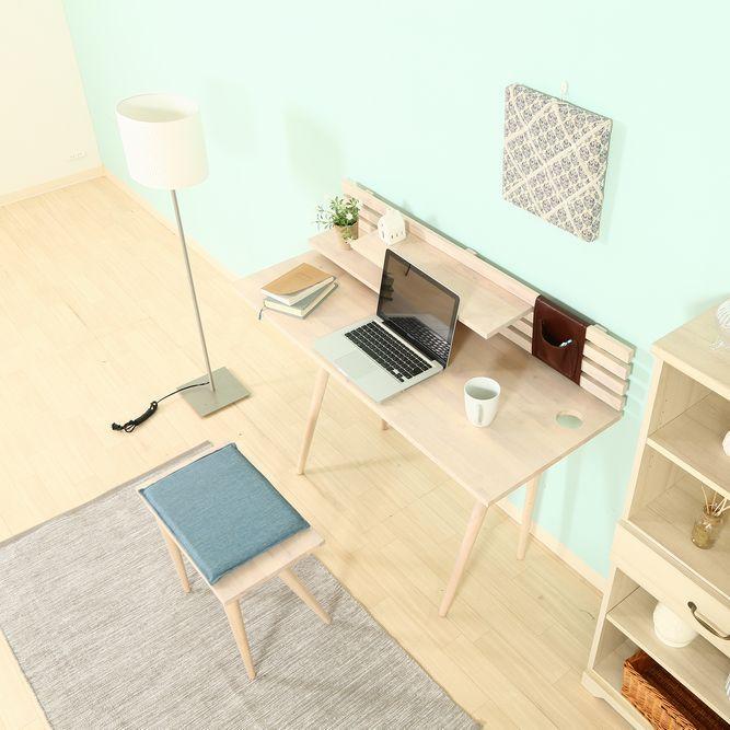 レザー小物収納付PCデスク2点セット 天然木 【デスク＋スツール】 可動