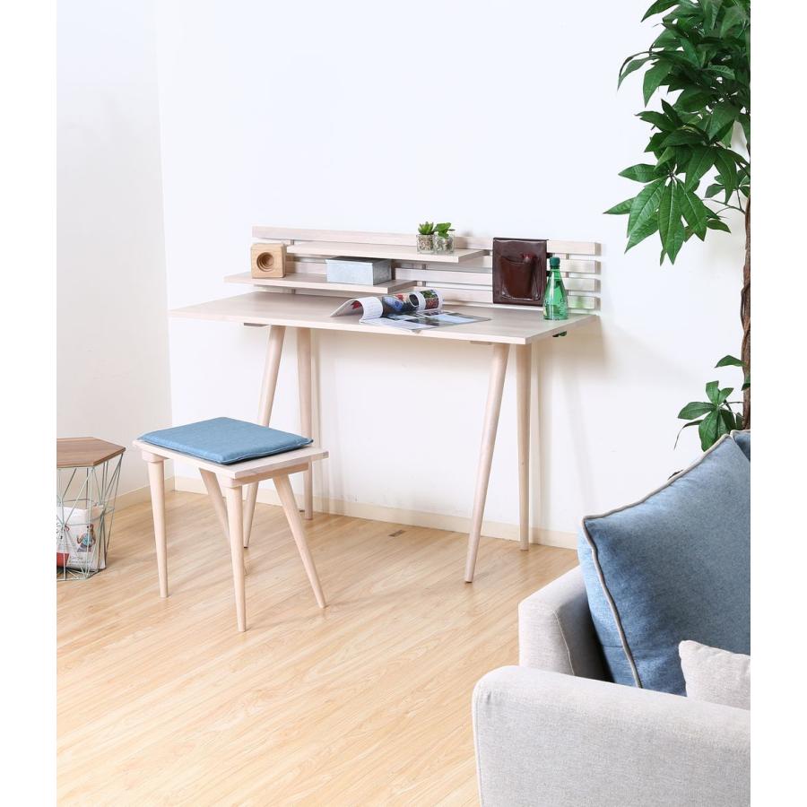 レザー小物収納付PCデスク2点セット 天然木 【デスク＋スツール】 可動