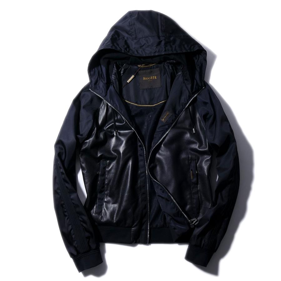 【美品】ムーレー MOORER フード　ブルゾン ジャケット　ブルー イタリア製 MOORER（ムーレー） イタリア製 パンチングレザー・ナイロン