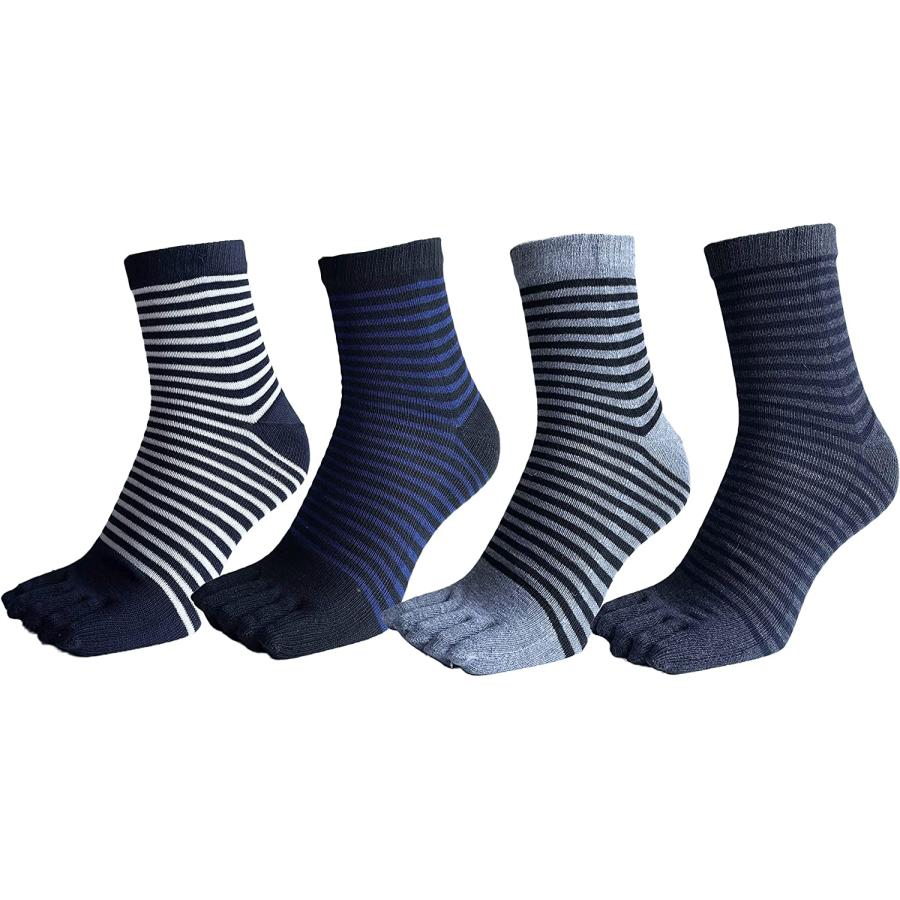 5本指ソックス メンズ ビジネス スポーツ マラソン ランニング 陸上 夏用 4足セット おしゃれ ボーダー柄 綿混 25-27cm A12 |  | 09