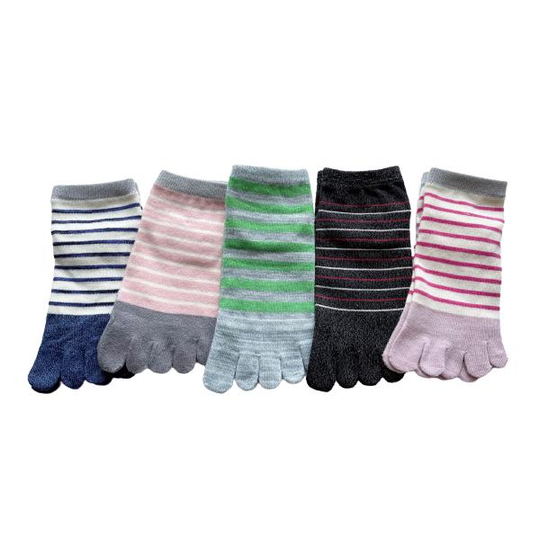 5本指ソックス レディース くるぶし かわいい ボーダー柄 ショート ソックス 5本指 靴下 薄手 夏 綿混 おしゃれ 5足セット（柄お任せ） A22 |  | 01