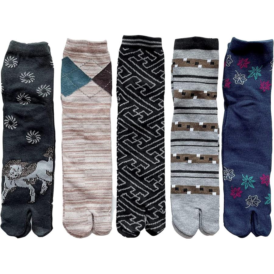 足袋ソックス メンズ 和柄 二股靴下 紳士 快適 綿混 かかと付 25-27cm 5足セット（柄はお任せ） B01 |  | 05