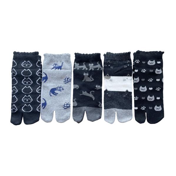 足袋ソックス レディース ネコ柄 5足セット 綿混 かかと付 口ゴムゆったり ショート丈 23-25cm （柄はお任せ）B04 |  | 07