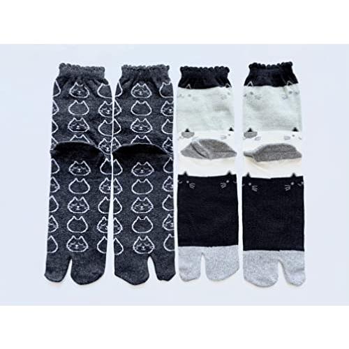 足袋ソックス レディース 靴下 足袋型シューズ ネコ柄 綿混 かかと付 口ゴムゆったり ショート丈 23-25cm 3足セット（柄はお任せ）B07 |  | 01