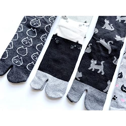 足袋ソックス レディース 靴下 足袋型シューズ ネコ柄 綿混 かかと付 口ゴムゆったり ショート丈 23-25cm 3足セット（柄はお任せ）B07 |  | 03