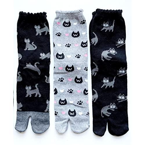 足袋ソックス レディース 靴下 足袋型シューズ ネコ柄 綿混 かかと付 口ゴムゆったり ショート丈 23-25cm 3足セット（柄はお任せ）B07 |  | 04