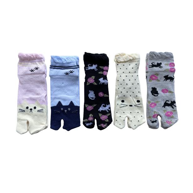 足袋ソックス レディース 靴下 足袋型シューズ くるぶし かわいい ネコ柄 綿混 口ゴムゆったり 甲メッシュ 23-25cm 5足セット（柄はお任せ）B08 |  | 02