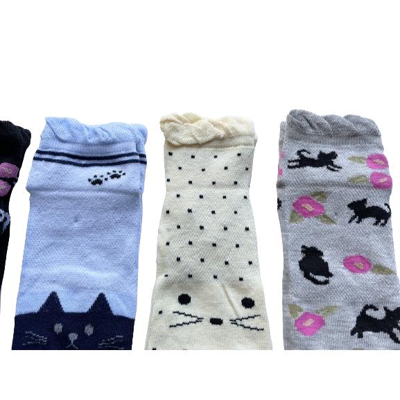 足袋ソックス レディース 靴下 足袋型シューズ くるぶし かわいい ネコ柄 綿混 口ゴムゆったり 甲メッシュ 23-25cm 5足セット（柄はお任せ）B08 |  | 03
