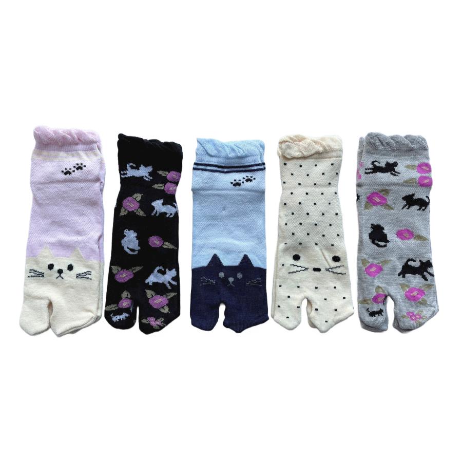 足袋ソックス レディース 靴下 足袋型シューズ くるぶし かわいい ネコ柄 綿混 口ゴムゆったり 甲メッシュ 23-25cm 5足セット（柄はお任せ）B08 |  | 05