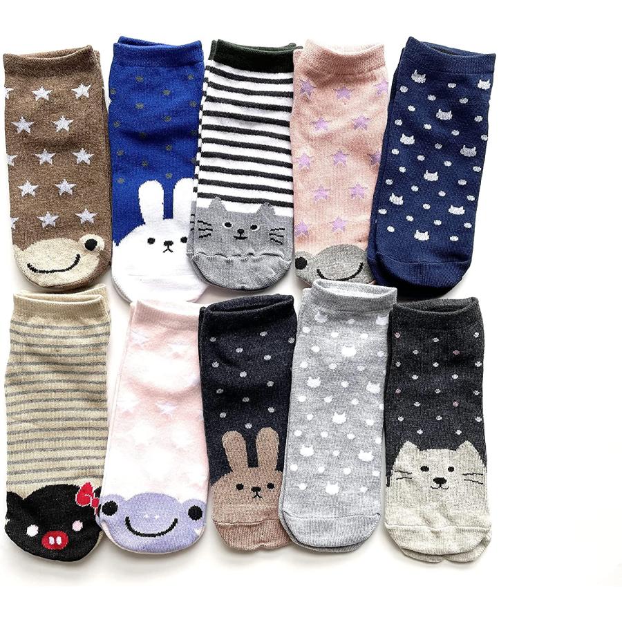 靴下 レディース セット くるぶし ソックス 薄手 綿 スニーカーソックス かわいい 動物柄 23-25cm 10足セット（柄お任せ）C12 |  | 09