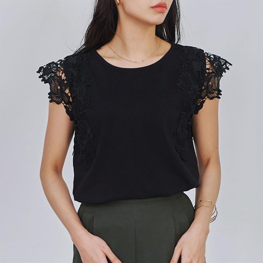 レオナール　半袖カットソー　トップス　黒　蘭　綿100% レディース トップス カットソー 半袖 Tシャツ 袖レース コットン 綿