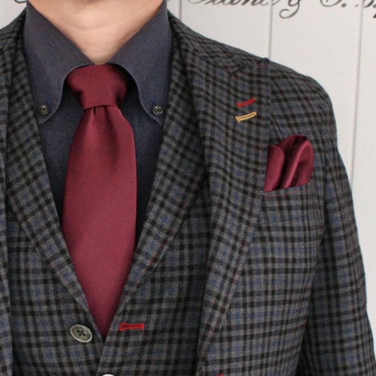 ネクタイ チーフ ロングネクタイ ネイビーブルー（TQ201）ワインレッド