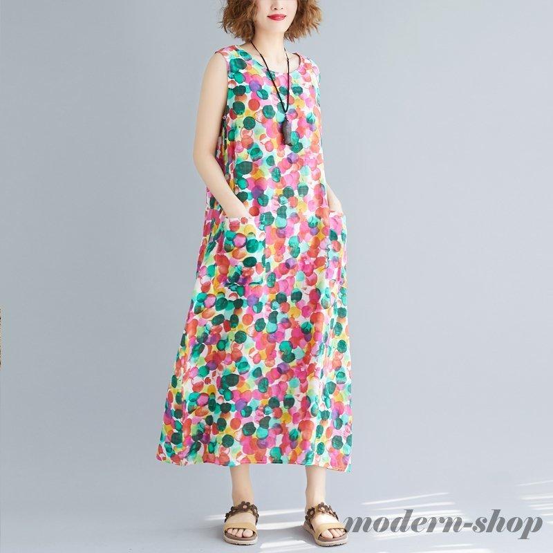 ノースリーブワンピース 大きいサイズ 柄物 マキシ丈 森ガール チュニックワンピース ロング 夏 水玉 丸柄 カラフル オシャレ 涼しい Ghsxh14 5lop22 モダンショップ 通販 Yahoo ショッピング