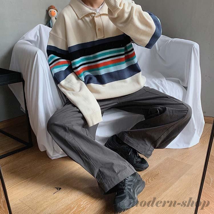 オーバーサイズ 長袖 ニット ボーダー柄 ニット セーター メンズ ポロシャツ風 ニットセーター 襟付き ニット 防寒 ニットセーター 秋冬 厚手 新到着
