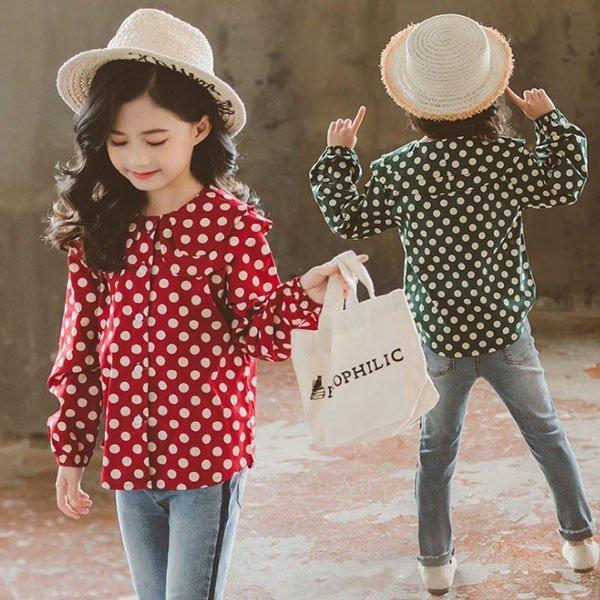 韓国子供服 女の子 シャツ キッ長袖 ドット柄 可愛い スウィート トップス 春 夏 秋 開襟 通園 通学 110 1 130 140 150 160 Cm 世界的に