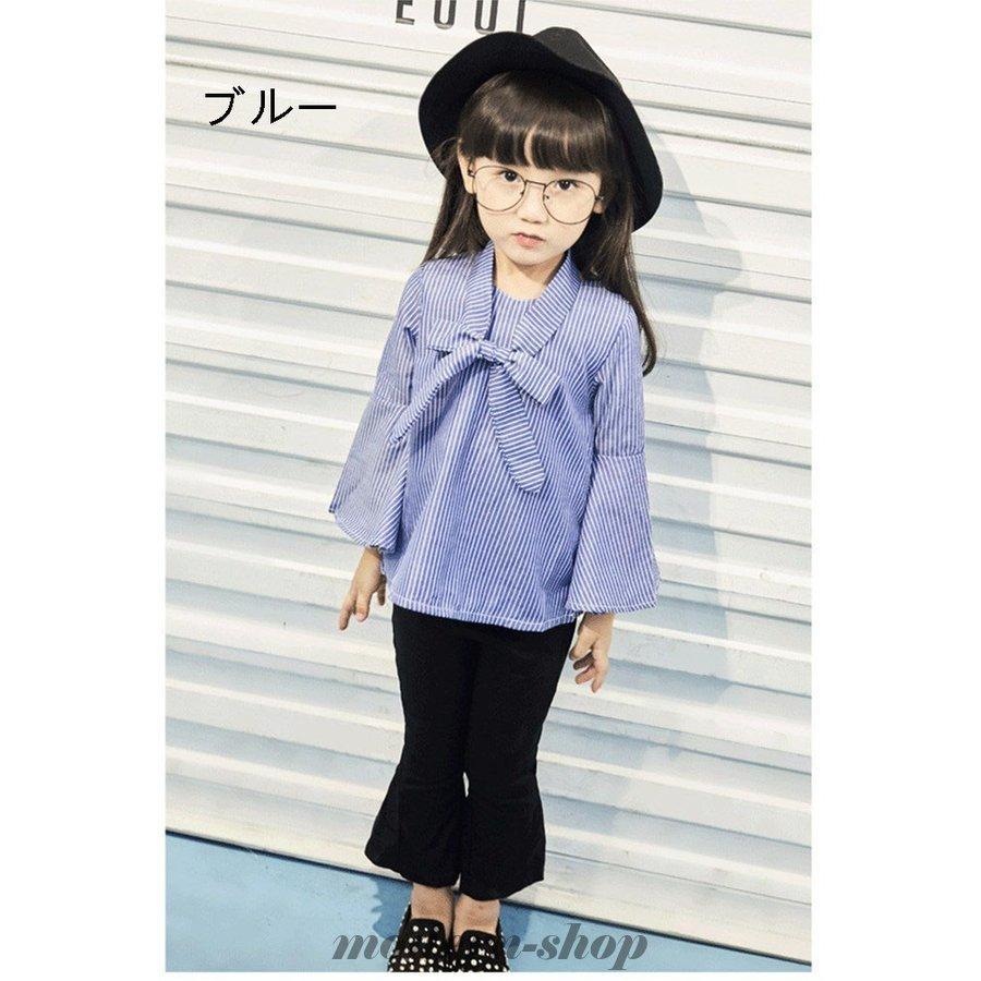 韓国子供服 女の子 カジュアル 長袖 ちょう結び シャツ 子供服 ボーダー柄 女の子トップス 可愛いリボン シャツ 九分 パンツ 激安価格の